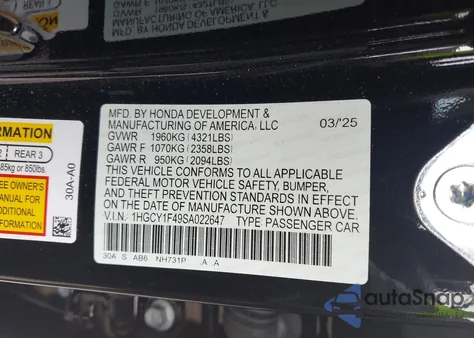 2025 Honda Accord Se z USA, uszkodzony, nr VIN 1HGCY1F49SA022647
